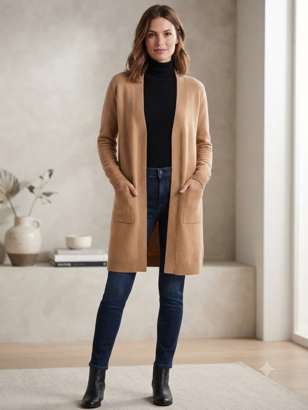 Babaton Camel Open-Front Long Cardigan Size Small